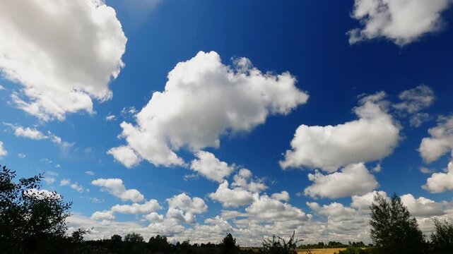 Clear Summer Sky With White Clouds Passing Across the Frame Above Distant Horizon, Sunny Weather Timelapse