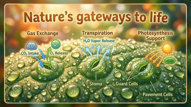 Close-up illustration of plant leaf stomata showing gas exchange, transpiration, and photosynthesis support mechanisms with dew drops