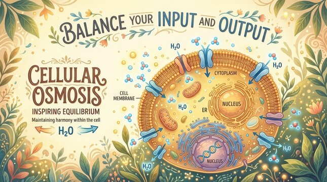Cellular Osmosis and Equilibrium: Illustration of Water Molecule Transport Across a Cell Membrane in a Balanced Biological System