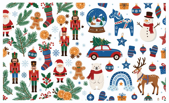 Christmas winter pattern featuring Santa Claus, nutcrackers, snowman, reindeer, polar bear, vintage car, ornaments and festive decorations