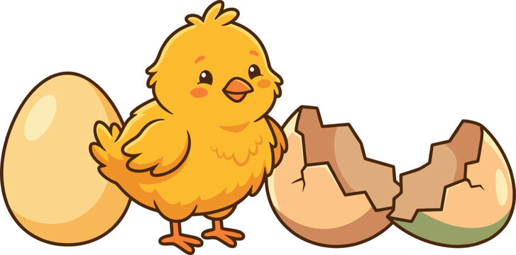 Adorable Hatching Baby Chick with Cracked Eggshell Vector Character for Spring Season Greetings, Kindergarten Classroom Materials, and Festive Easter Graphic Elements