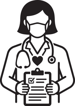 Female Doctor in Face Mask Holding Medical Chart Line Art Vector Icon
