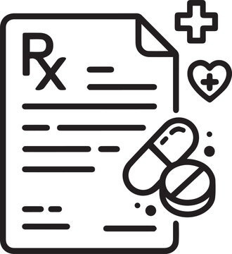 Medical Rx Prescription Document with Medicine Pills and Cross Line Art Vector Icon