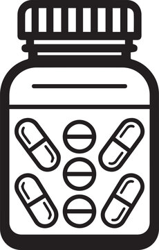 Prescription Pill Bottle with Capsules and Tablets Line Art Vector Icon