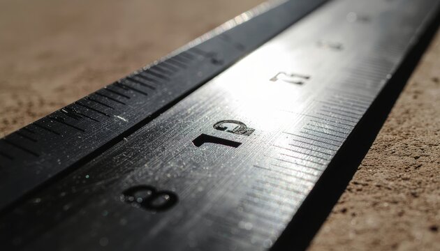Close-up Macro Shot of a Black Metal Ruler with Visible Markings.