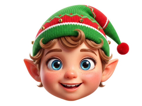 Cute cartoon christmas elf character face wearing a knitted green and red hat with bells christmas character mythology december