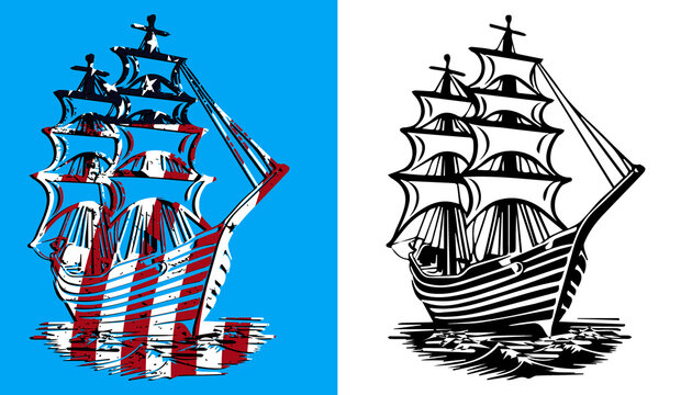 Sailing ship with American flag pattern maritime history 