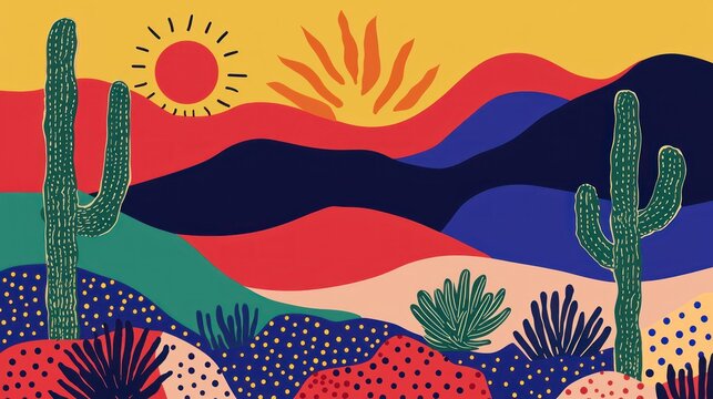 A stylized vector landscape of a desert with cacti, sun, and rolling dunes in flat, bold colors.