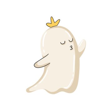 Playful ghost character wearing a yellow crown and blowing a kiss. Hand drawn Halloween cartoon illustration with a charming spooky spirit.
