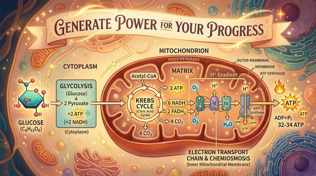 Cellular Respiration Diagram: Glycolysis, Krebs Cycle, and Electron Transport Chain Generating ATP Power
