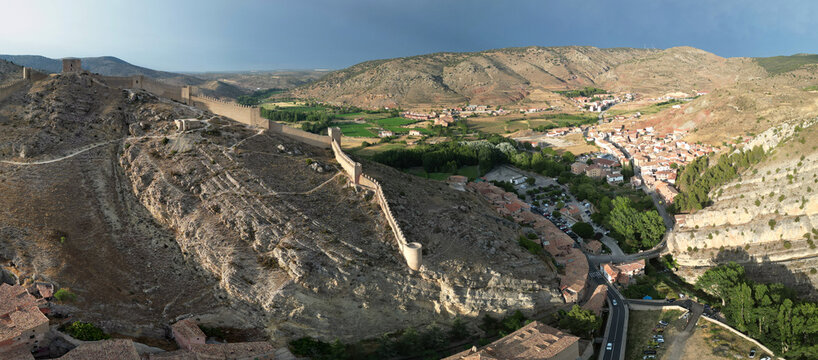 Aerial Panorama of Medieval Albarracin and Ancient City Walls at Sunset, Aragon, Spain