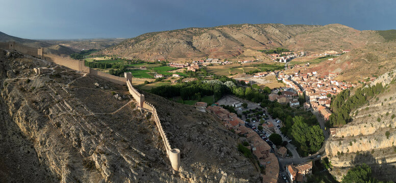 Aerial Panorama of Medieval Albarracin and Ancient City Walls at Sunset, Aragon, Spain
