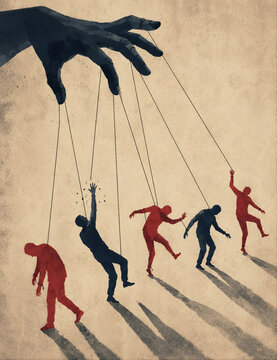 Giant Hand Pulling Human Strings in a Conceptual Illustration of Control and Manipulation