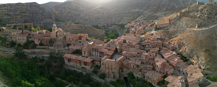 Aerial Panorama of Medieval Albarracin and Ancient City Walls at Sunset, Aragon, Spain