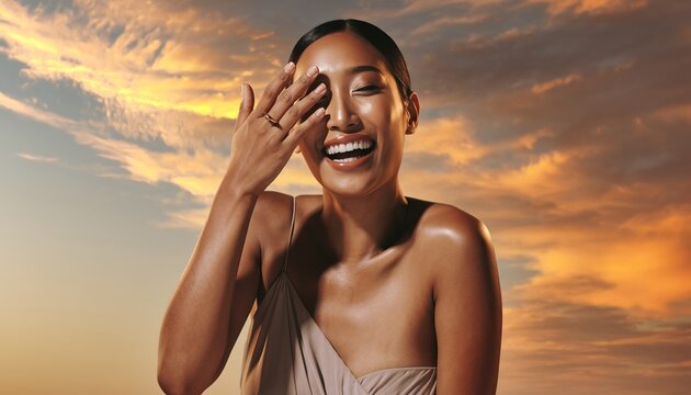 Joyful woman shielding eyes from sun, radiant smile, golden hour.