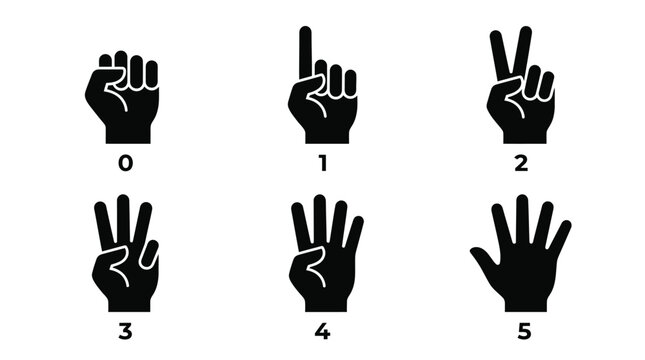 Set of black hand gesture icons representing numbers from zero to five for counting and educational communication design purposes