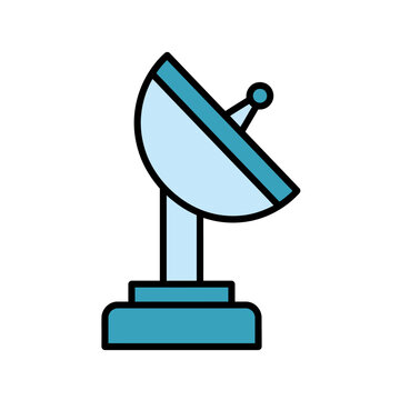 Flat vector satellite dish icon in blue outline, wireless communication antenna symbol, minimal tech illustration for web, UI, apps