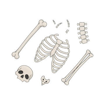 Human skeletal elements with rib cage and skull during playful arrangement isolated on transparent background
