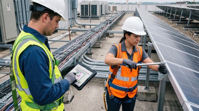 Engineers collaborating on solar panel installation, showcasing teamwork and technology in renewable energy solutions.