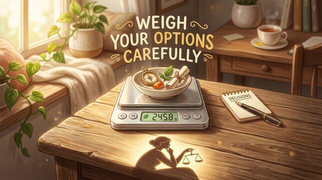 Conceptual image of weighing options carefully with a kitchen scale, compass, scrolls, and a notebook for decision making