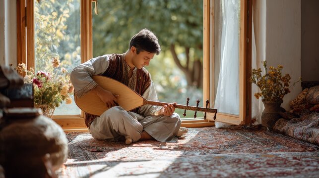 Uzbek Musician Playing Traditional Dutar in Sunlit Textile Interior Celebrating Central Asian Folk Music and Cultural Heritage