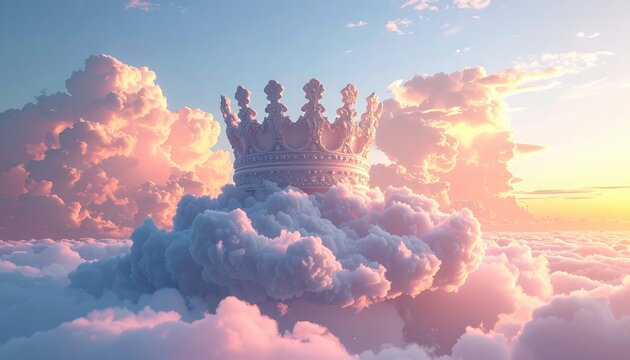 Majestic Crown Rests Upon Fluffy Clouds in Golden Sunset Sky.