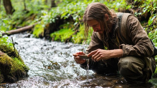 A survival expert demonstrating how to purify water from a stream in the wilderness.