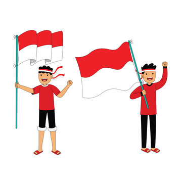 Two Boys Holding Indonesian Flag Celebration Illustration