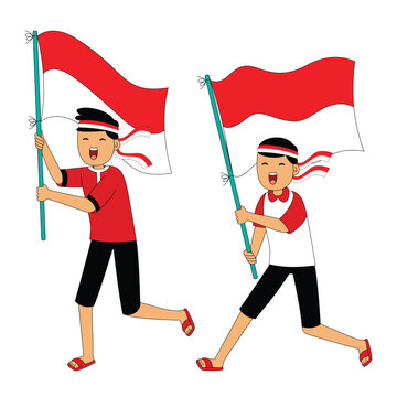 Two Boys Holding Indonesian Flag Celebration Illustration