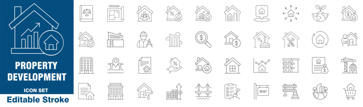 Property development and real estate business icon set with  construction and housing industry thin line style,  vector illustration editable stroke