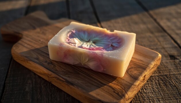 Artisan Handmade Soap Bar with Floral Inclusions on Wooden Board.