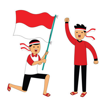 Two Boys Holding Indonesian Flag Celebration Illustration