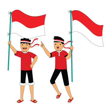 Two Boys Holding Indonesian Flag Celebration Illustration