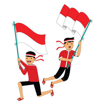 Two Boys Holding Indonesian Flag Celebration Illustration