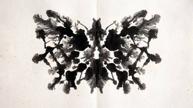 Symmetrical black Rorschach inkblot test on vintage textured paper.