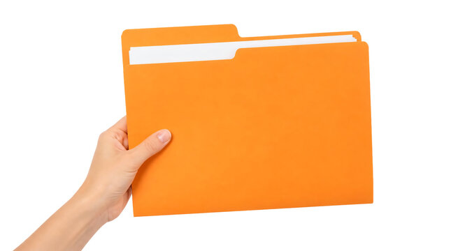 Hand holding orange file folder with white documents isolated on transparent background