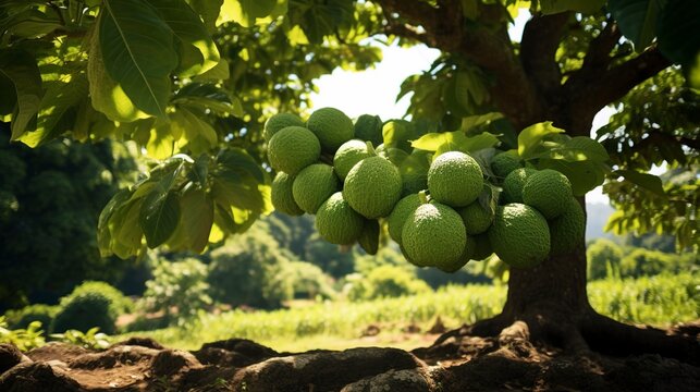 A photo of a breadfruit tree with large fruits