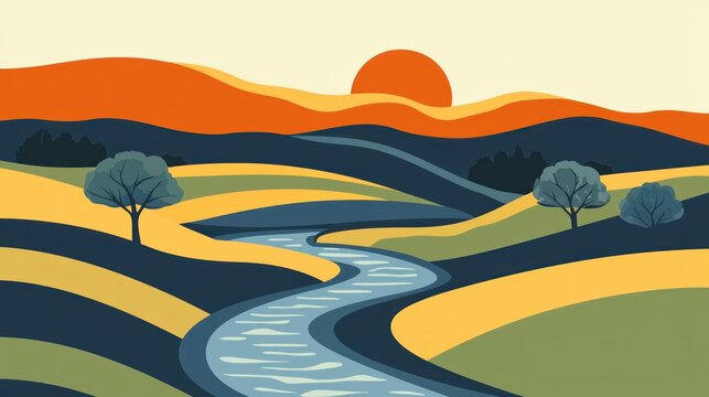 A vector design of a tranquil countryside, with rolling hills, a river, and trees in simple, flat shapes.