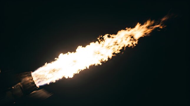 Powerful directional blast of fire from a flamethrower at night.