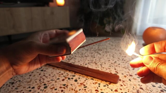 A hand striking a match against a matchbox in a dark room