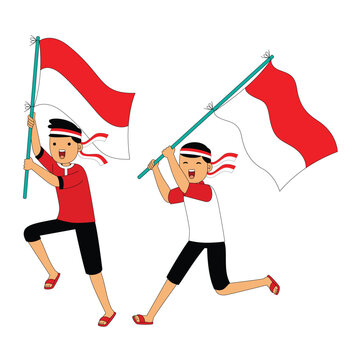 Two Boys Holding Indonesian Flag Celebration Illustration