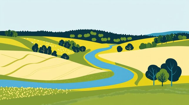 A vector design of a tranquil countryside, with rolling hills, a river, and trees in simple, flat shapes.