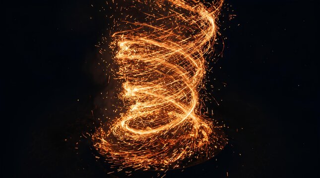 Spiraling golden fire trail on black background.