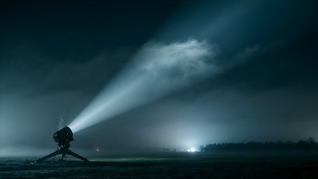Powerful Searchlight Illuminates Dark Field Under Night Sky