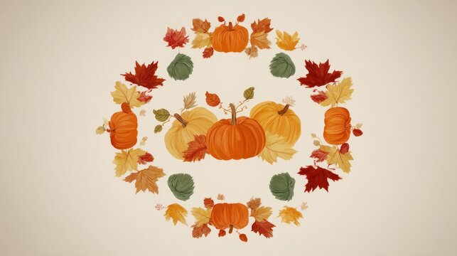 A vector design of pumpkins arranged in a circular pattern with stylized autumn leaves around them.
