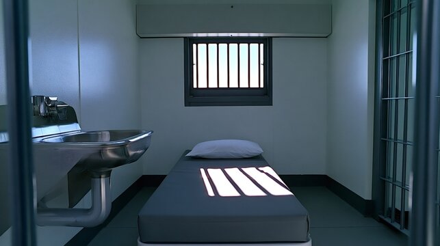 Empty prison cell showcasing a simple bed, sink, and a barred window with sunlight casting shadows, representing themes of incarceration, confinement, and solitude within the justice system