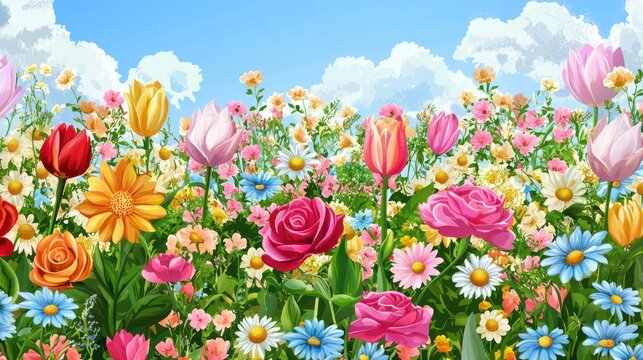 A vector illustration of a garden filled with colorful flowers like roses, daisies, and tulips, creating a vibrant and stylized image.