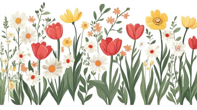 A vector illustration of garden flowers in various shades, including roses, daisies, and tulips, with clean lines and vibrant colors.