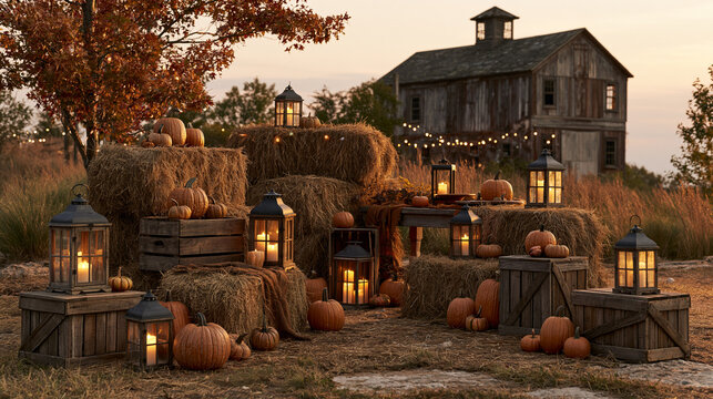 Rustic Autumn Sunset Display with Lanterns Pumpkins and Old Barn