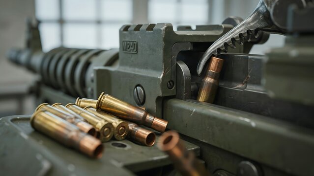 Detailed Close-Up of Machine Gun with Spent Shell Casings Nearby